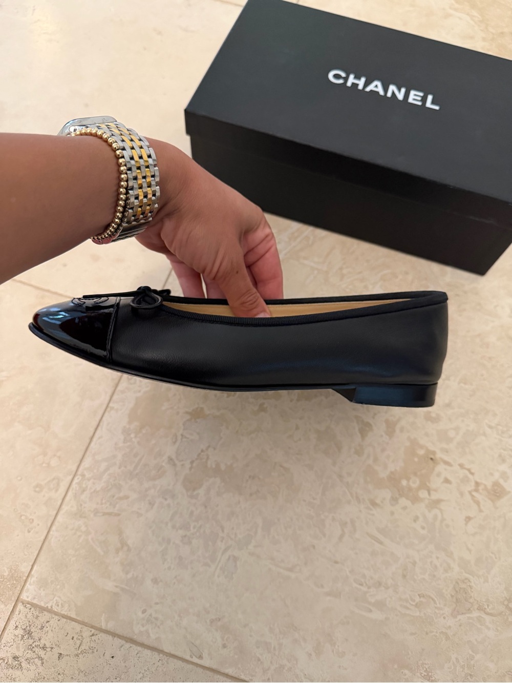 CHANEL Black Patent Cap-Toe Bow Ballet Flats - Picture 7 of 10